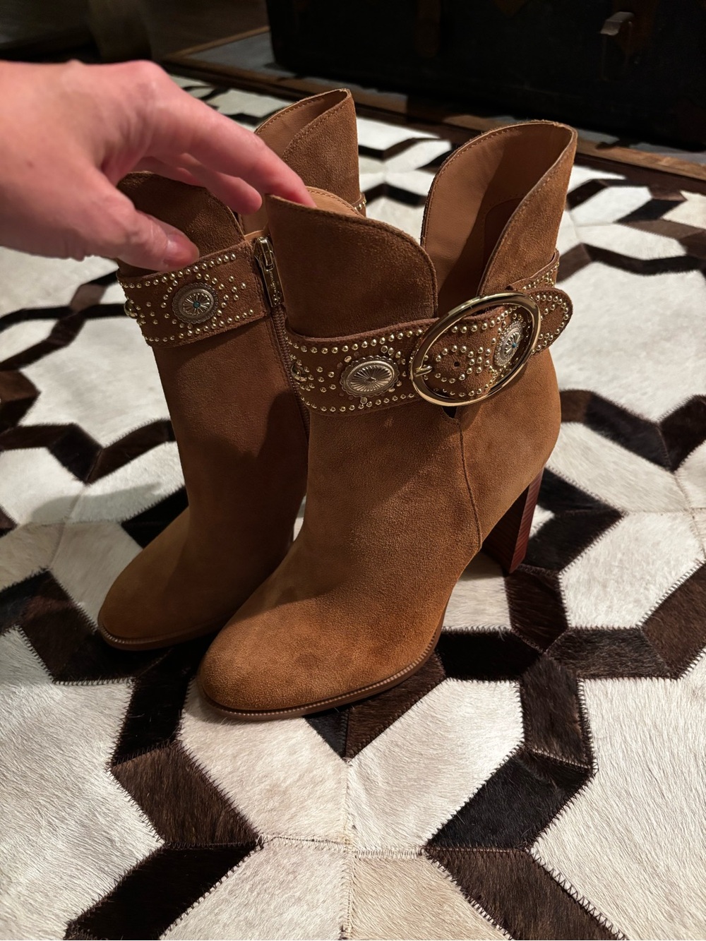Jessica Simpson Tan Suede Studded Ankle Boots with Decorative Buckle